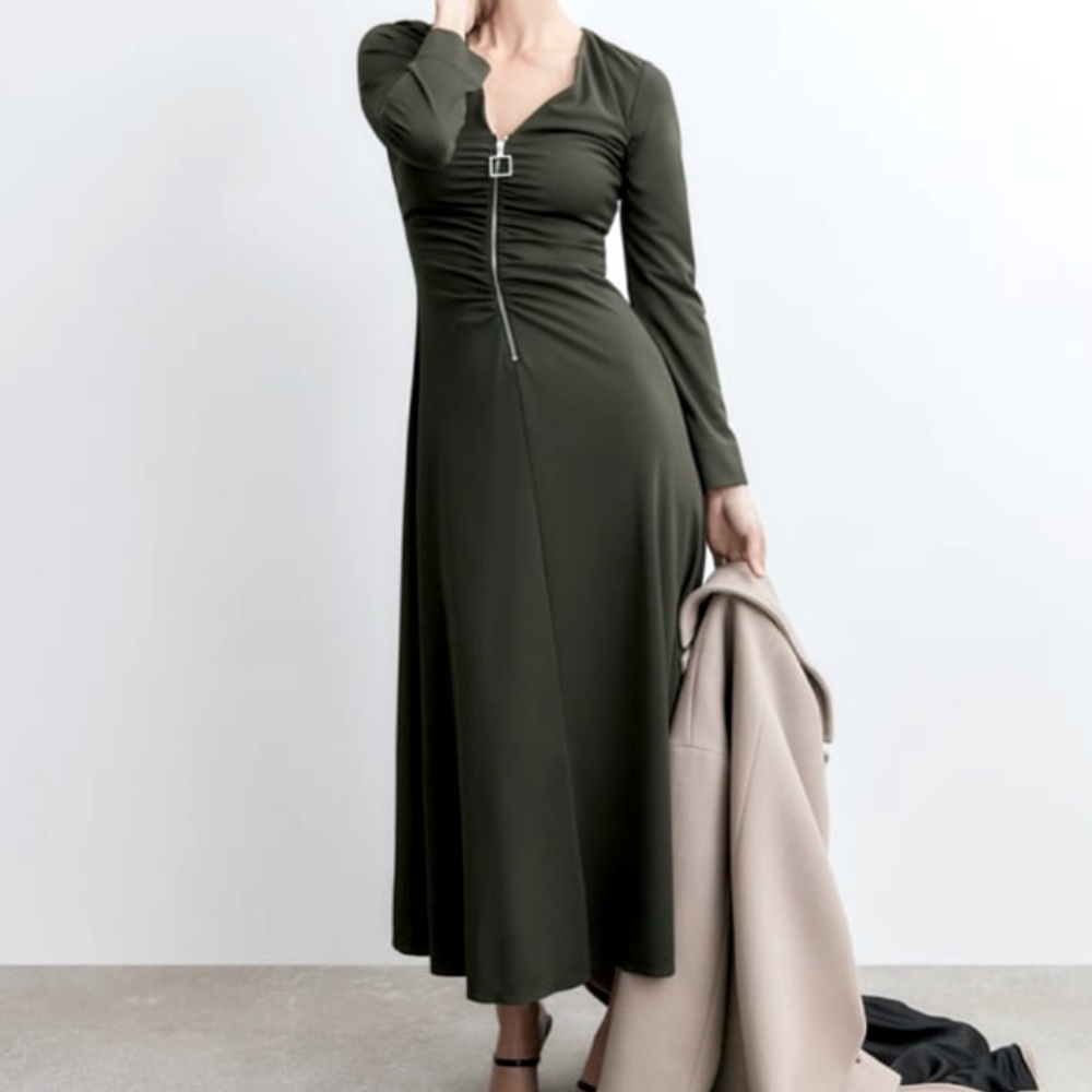 New! Zara Zippered Long Green Dress - Picture 1 of 7